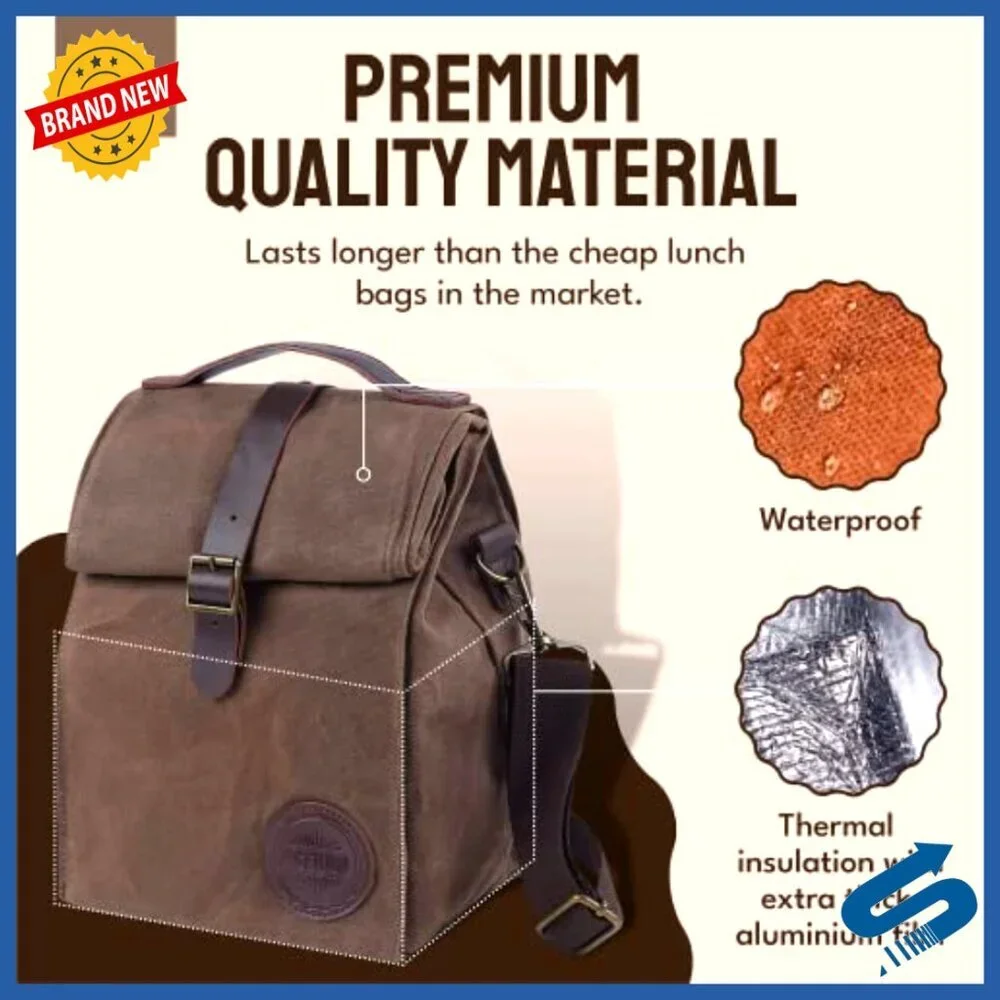 Insulated Lunch Tote Leakproof Waxed Canvas Cooler Bag with Shoulder Strap